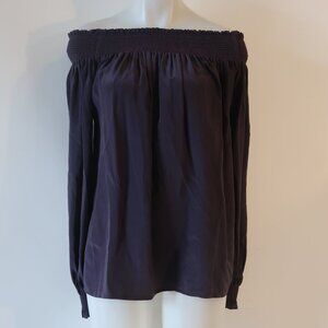 Womens Sunner Navy Blue Off the Shoulder 100% Silk Tunic Blouse Top M